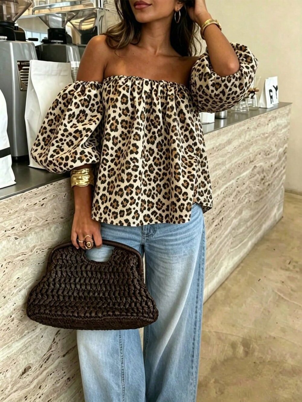 Multicolor Casual Women's Vacation Leopard Print Shoulder Top - Picture 3 of 5